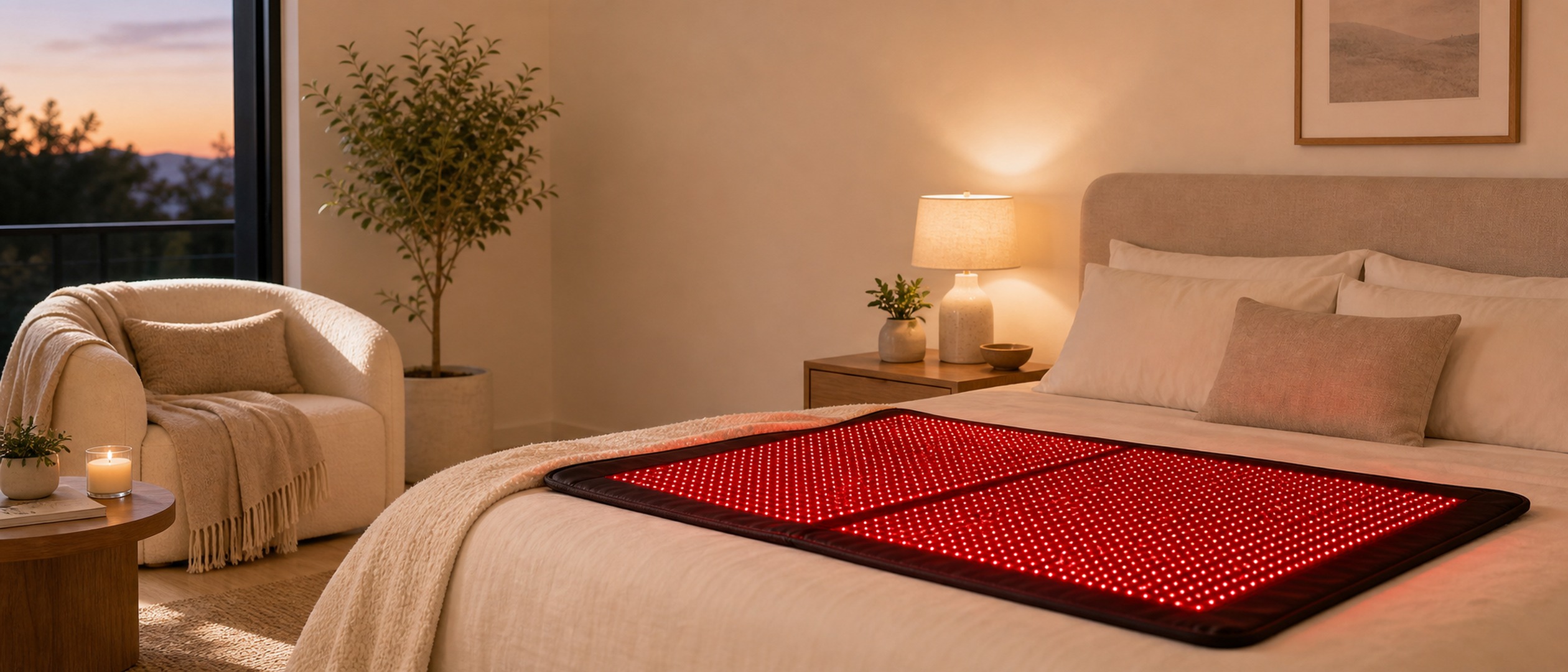 Blankets Mats Category Banner Red Light Therapy lifestyle image for HREXBODY red light therapy shopping, desktop crop.