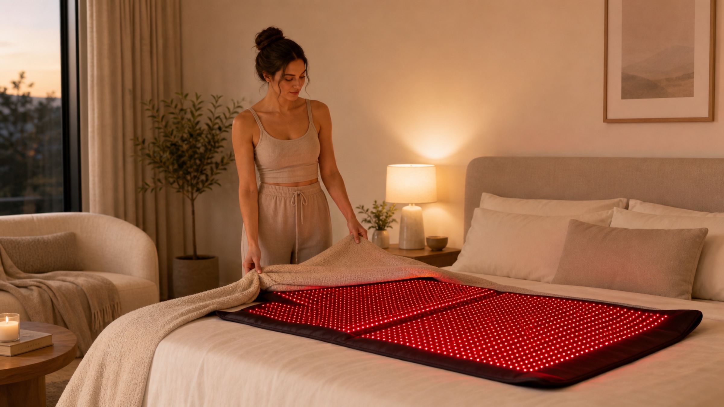 Home Evening Red Light Therapy Routine Hero lifestyle image for HREXBODY red light therapy shopping, desktop crop.