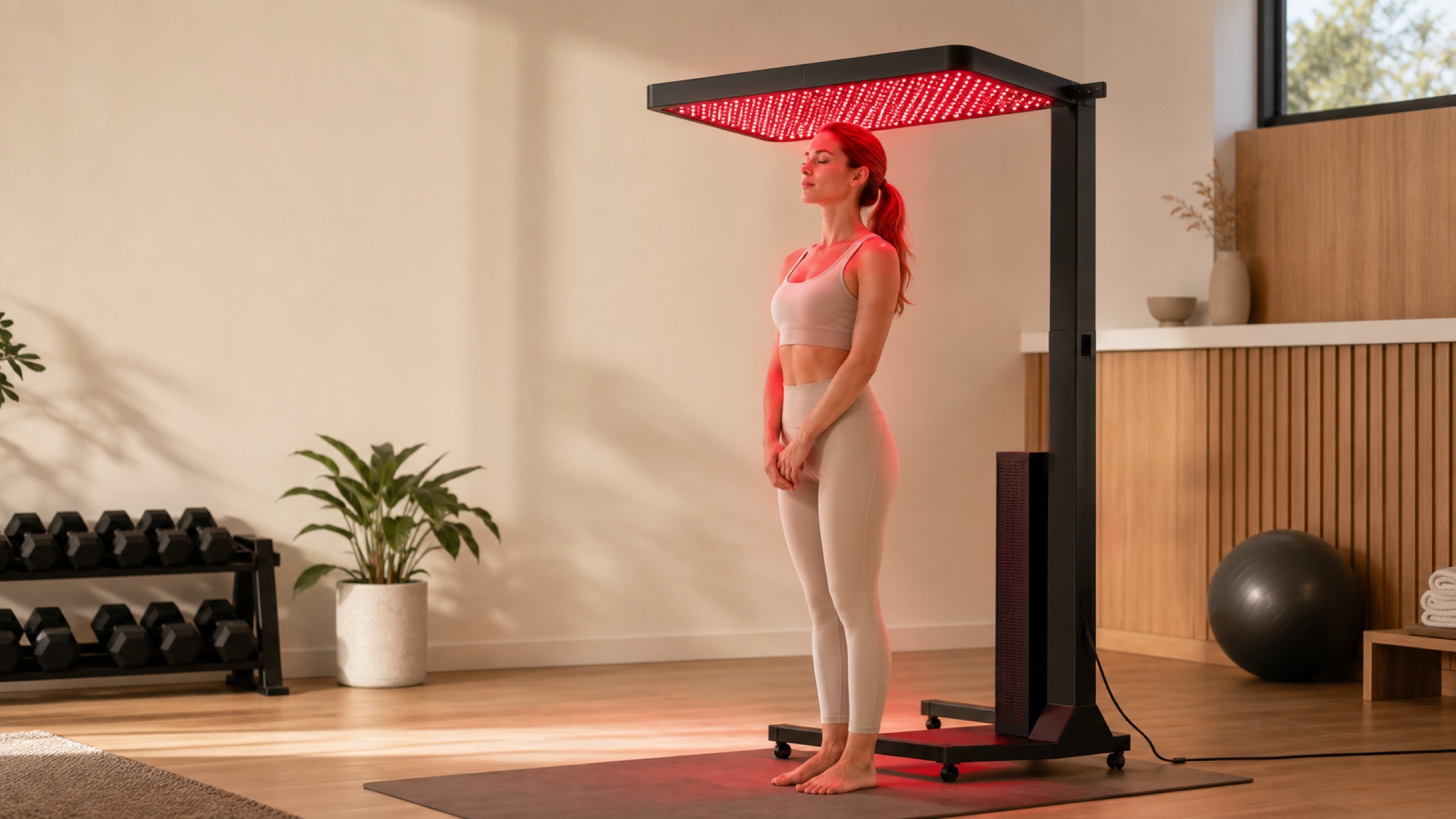 Home Red Light Therapy Wellness Routine Hero lifestyle image for HREXBODY red light therapy shopping, desktop crop.