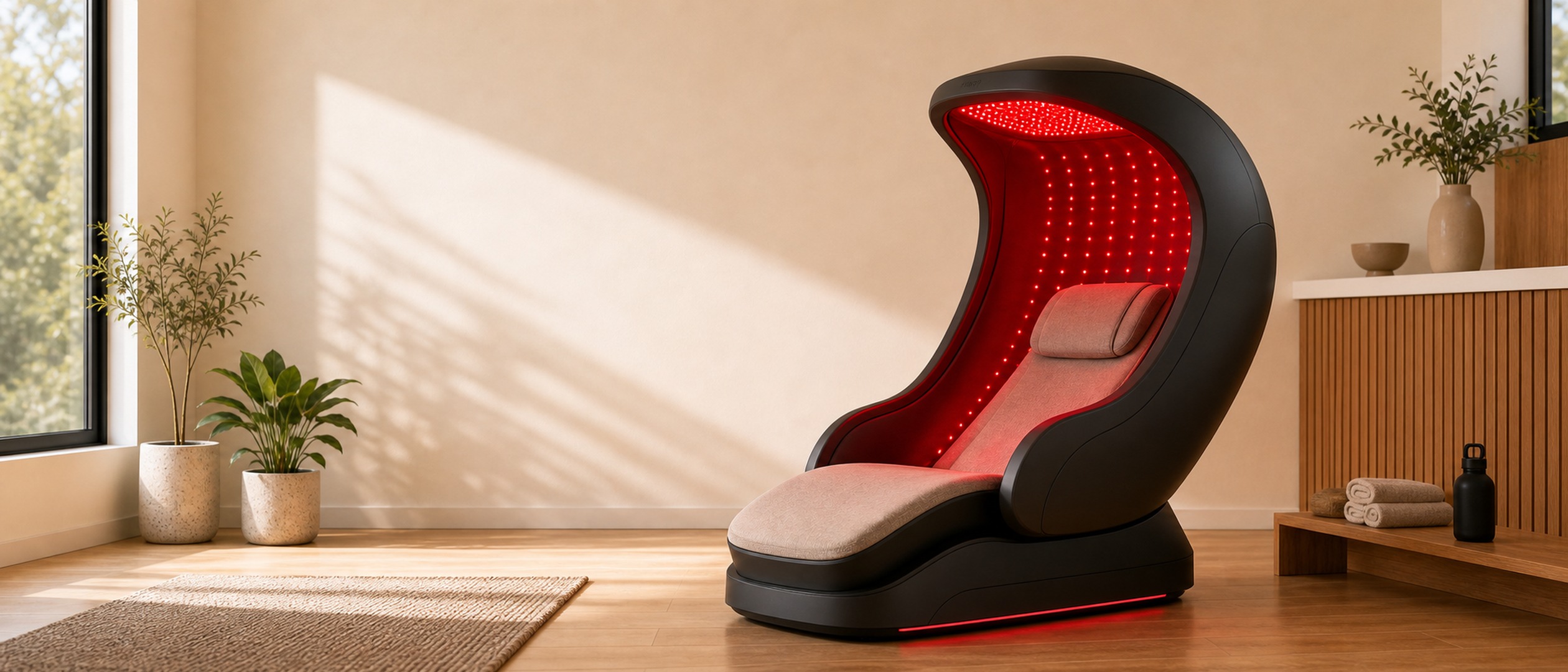 Innovation Category Banner Red Light Therapy lifestyle image for HREXBODY red light therapy shopping, desktop crop.