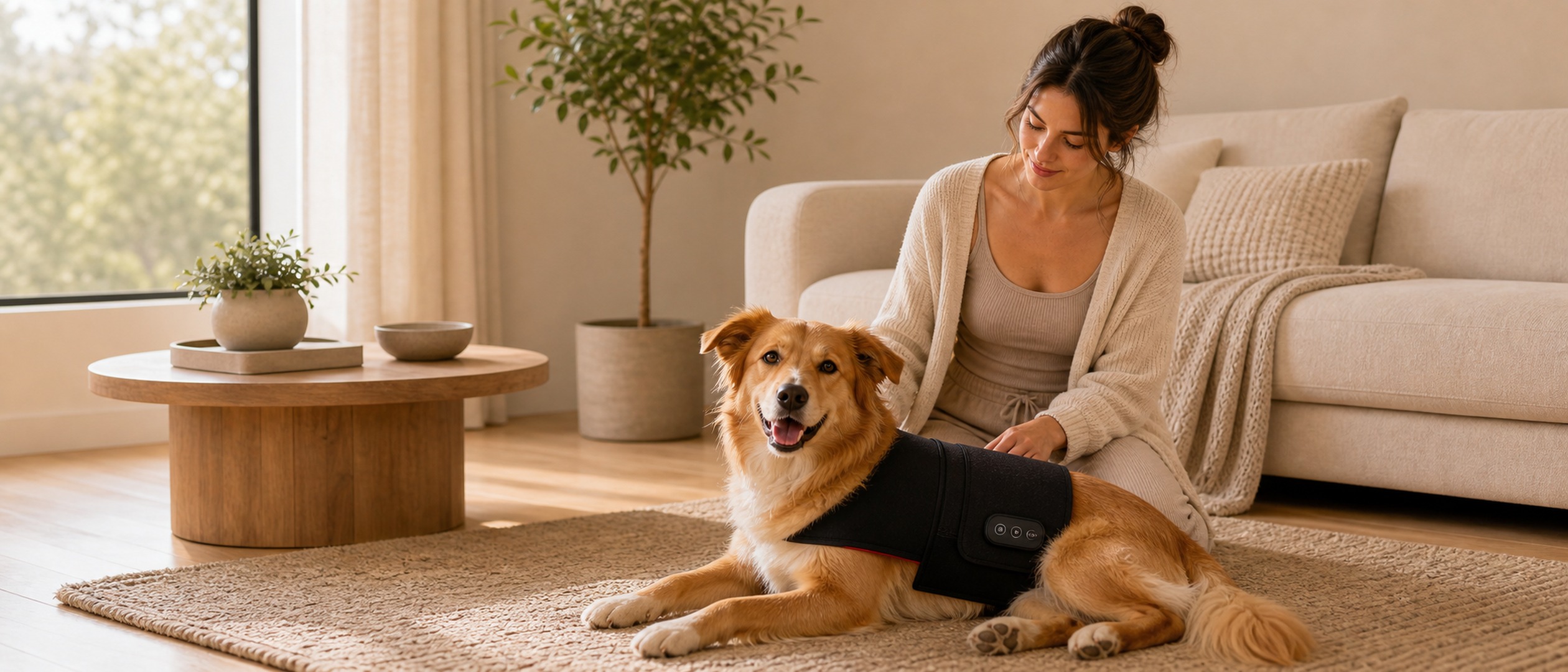 Petcare Category Banner Red Light Therapy lifestyle image for HREXBODY red light therapy shopping, desktop crop.
