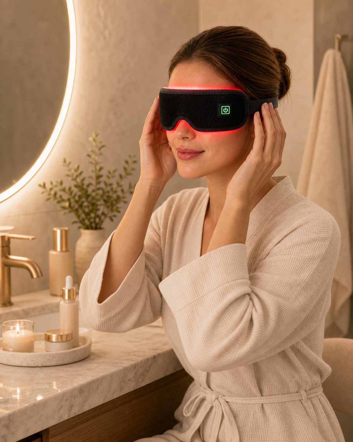 Shop By Goal Skin Glow Red Light Therapy lifestyle image for HREXBODY red light therapy shopping, desktop crop.