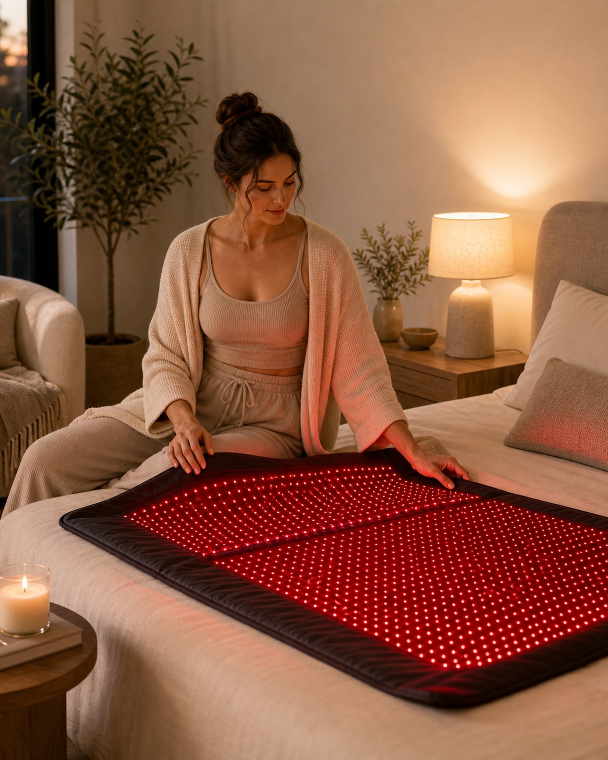Shop By Goal Sleep Unwind Red Light Therapy lifestyle image for HREXBODY red light therapy shopping, desktop crop.