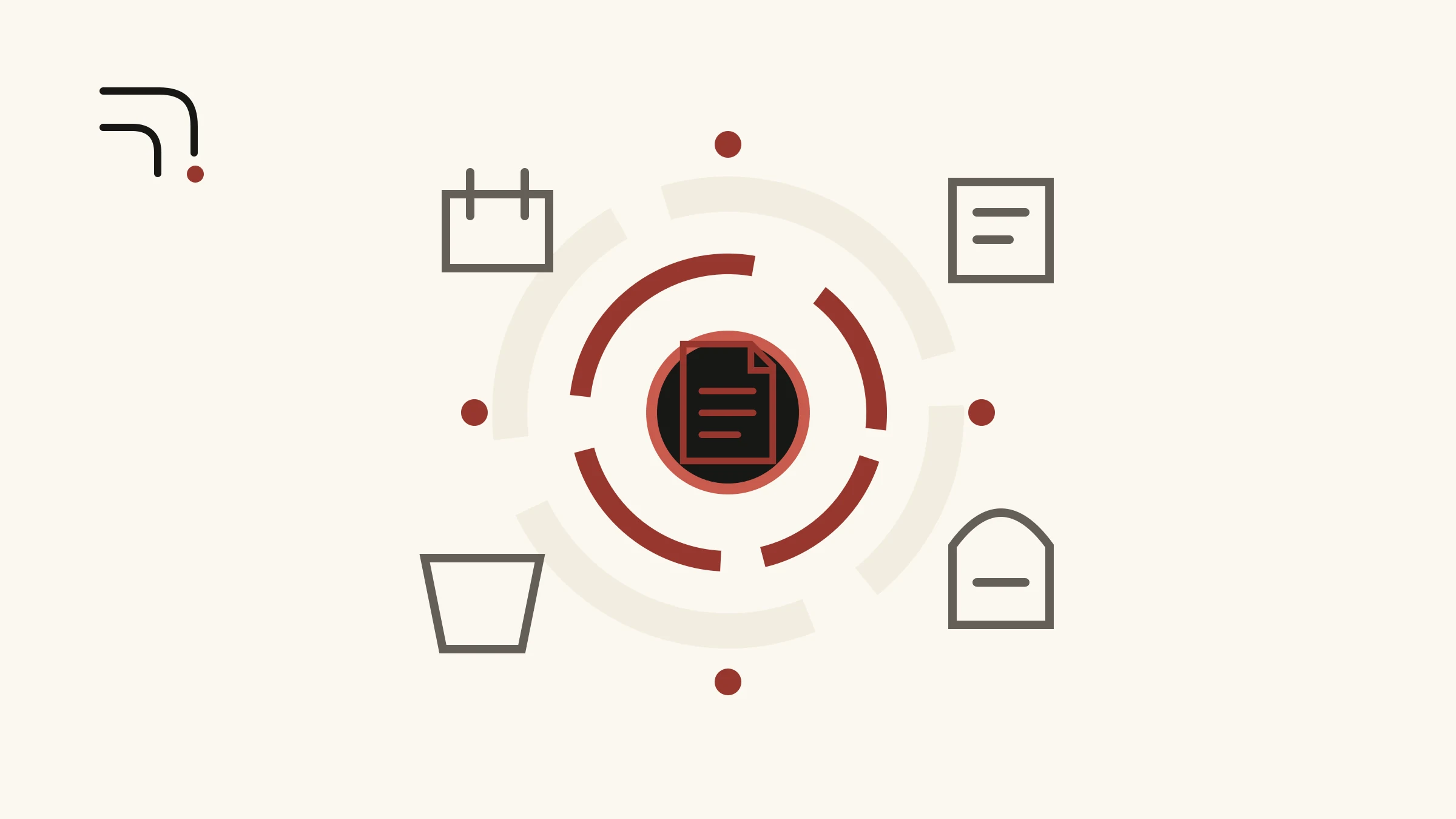 Abstract manual-first routine cycle with a central instruction sheet and surrounding planning symbols